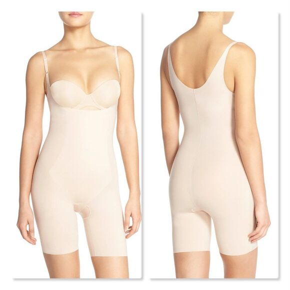 Spanx Thinstincts Open Bust Mid Thigh Bodysuit size Medium in Soft Nude - Picture 1 of 9